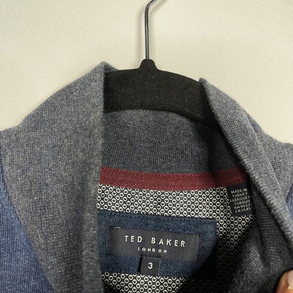 Ted Baker Mens 3 M Navy Blue Bevyhil Quarter Zip Pullover Sweater Cotton Leather - Picture 5 of 9